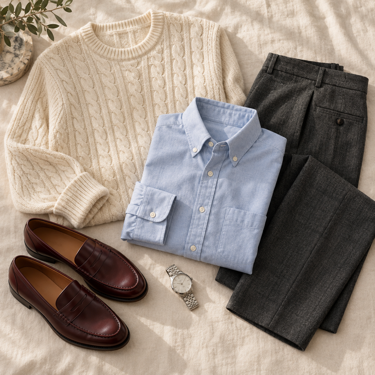 A cream cable-knit sweater, pale blue shirt, charcoal trousers and burgundy loafers arranged on linen